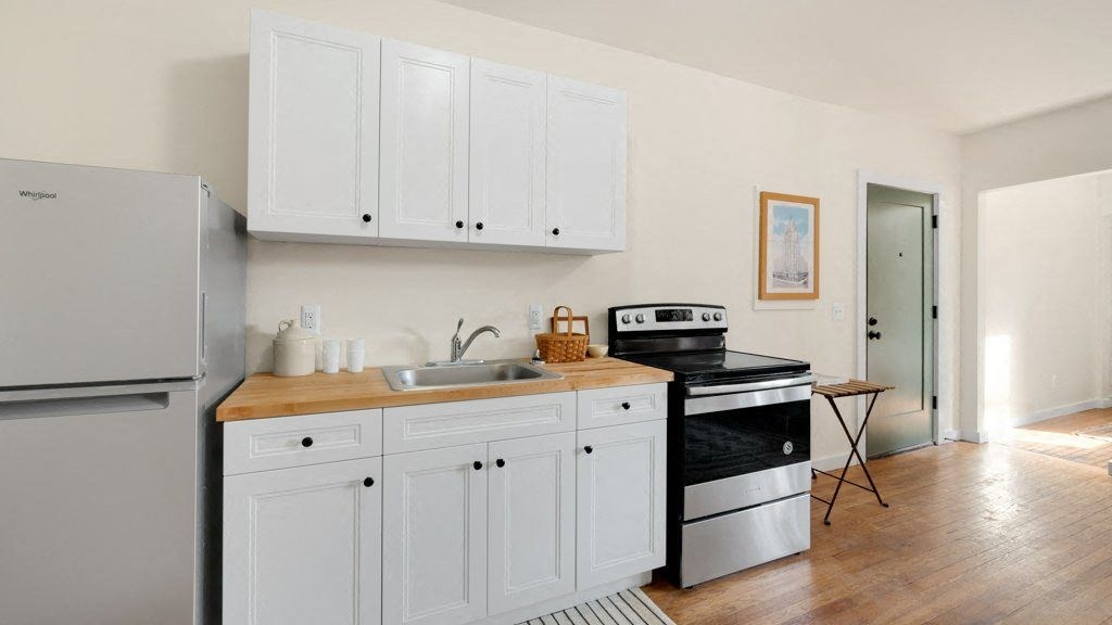 a kitchen with white cabinets and a stove and a refrigerator