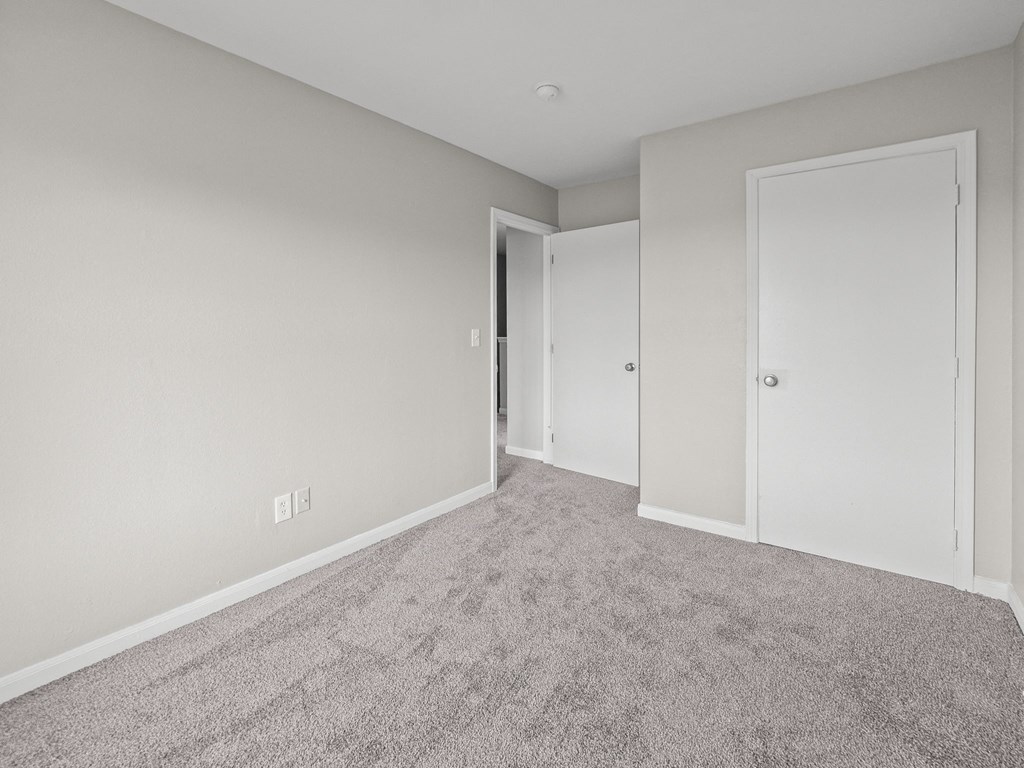 a bedroom with carpet and a door to a closet