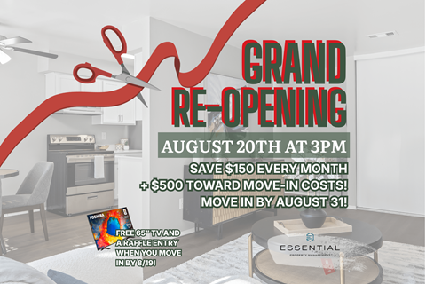 A grand re-opening advertisement for a store with a red ribbon and a TV on the left side.