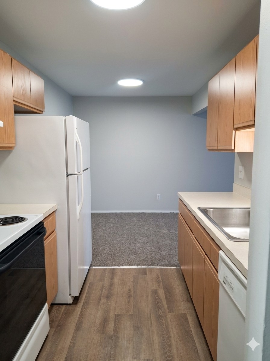 A kitchen with a white refrigerator, black dishwasher, and wooden cabinets.