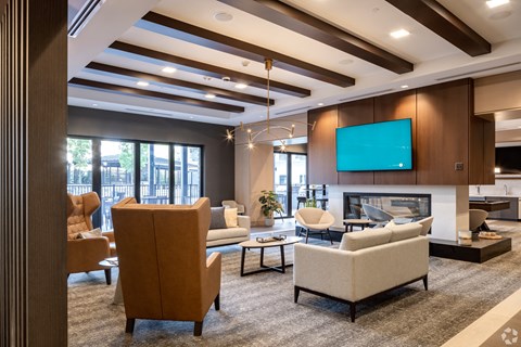 a living room with couches and chairs and a television