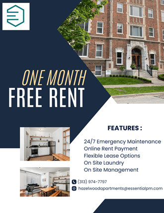 a flyer with a picture of a building and the words one month free rent