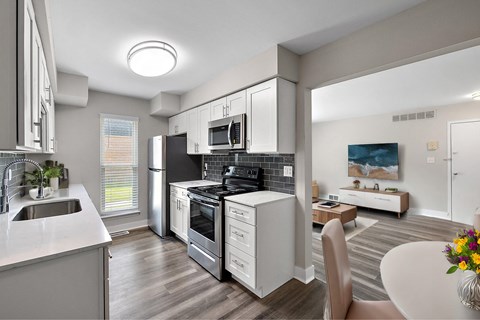 A modern kitchen with a refrigerator, sink, and stove.