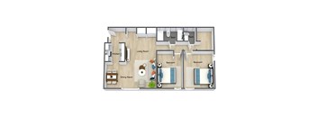 A floor plan of a house with two bedrooms, a living room, a kitchen, and a dining room.