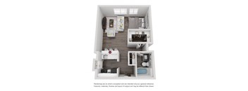 A 3D rendered image of a small apartment layout.