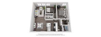 A 3D floor plan of a house with a kitchen, living room, and bedrooms.