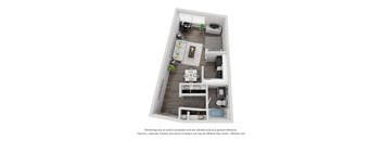 A 3D floor plan of a small apartment with a kitchen, living room, and bedroom.