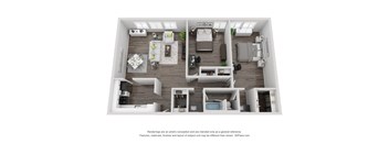 A 3D rendering of a modern, minimalist apartment with a living room, kitchen, and bedroom.