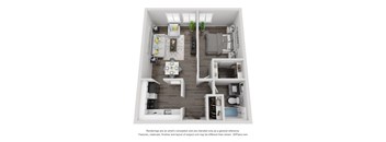 A 3D floor plan of a small apartment with a kitchen, living room, and bathroom.