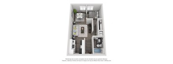 A 3D floor plan of a small apartment with a kitchen, living room, and bedroom.