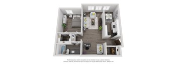 A 3D floor plan of a house with a kitchen, living room, and two bedrooms.