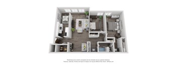 A 3D floor plan of a house with a kitchen, living room, and two bedrooms.