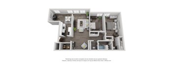 A 3D floor plan of a house with multiple rooms and furniture.