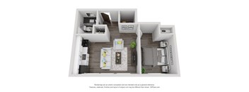 A 3D floor plan of a small apartment with a kitchen, living room, and bedrooms.