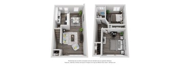A floor plan of a two-story apartment with a living room, kitchen, and bedrooms.