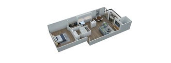 A 3D rendered image of a modern apartment layout.