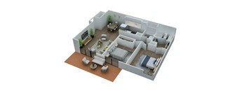A 3D model of a house with a kitchen, living room, and dining area.