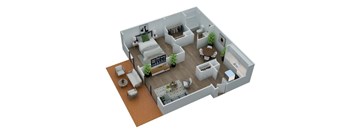 A 3D floor plan of a house with a bedroom, living room, kitchen, and bathroom.