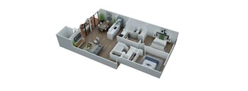 A 3D floor plan of a house with a kitchen, living room, and two bedrooms.