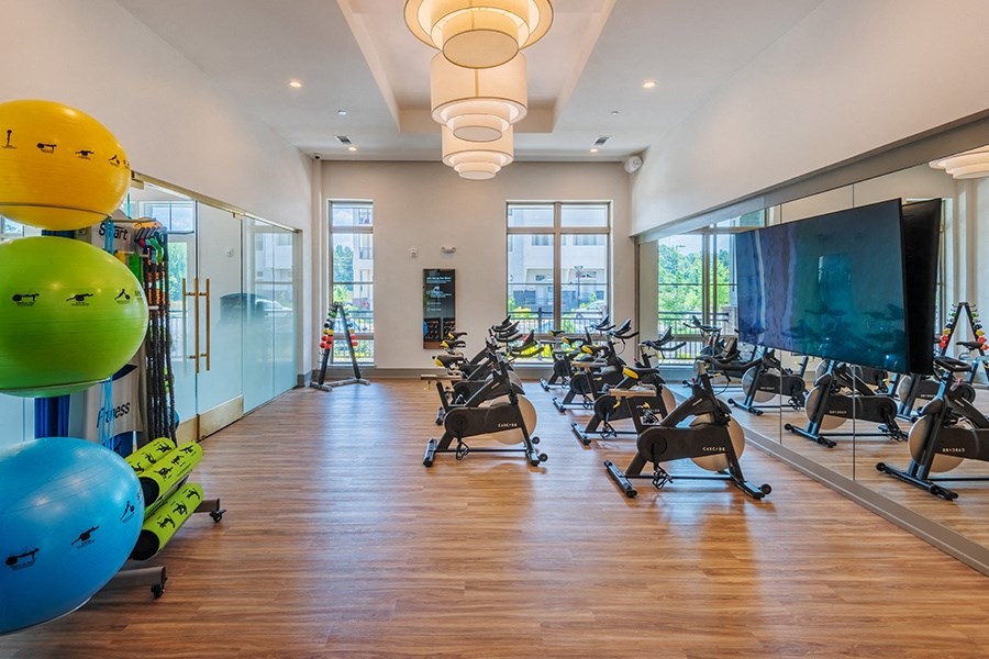 Our fitness center features a separate yoga and spin studio