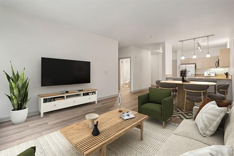 A modern living room with a wooden coffee table and a flat screen TV.