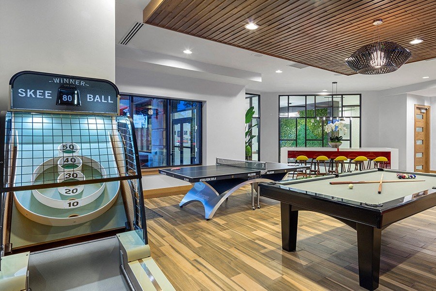 Designer clubroom with double-sided fireplace, TVs, billiards, Skee-ball and more