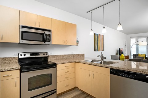 A kitchen with a black microwave above a stove and a black dishwasher.
