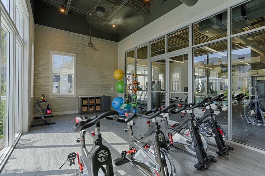 The fitness center also includes a separate spin and yoga studio