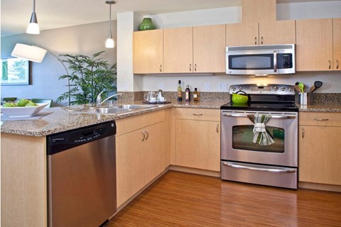 a kitchen with stainless steel appliances and granite counter tops