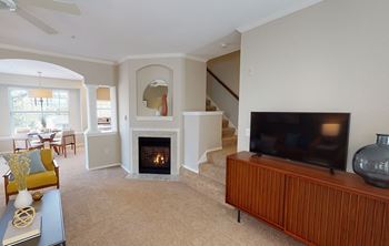 A living room with a fireplace and a television.