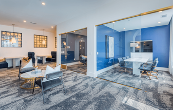 A modern office space with a glass wall and a grey carpet.