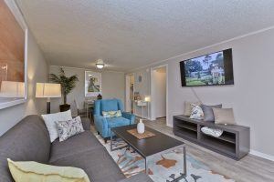 A living room with a grey couch, a blue armchair, a coffee table, and a television mounted on the wall.