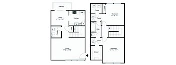 A floor plan of a two bedroom apartment with a living room, dining room, kitchen, and bathroom.