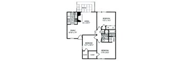 A black and white image of a house plan with a patio, living room, kitchen, dining room, and three bedrooms.