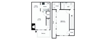 A floor plan of a house with a dining area, kitchen, living room, bedroom, bathroom, and balcony.