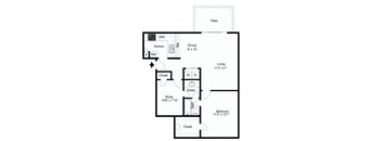 A floor plan of a house with a kitchen, living room, bedroom, study, bathroom, and closet.