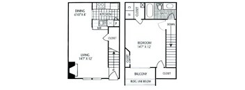 A floor plan of a small apartment with a living room, bedroom, and bathroom.