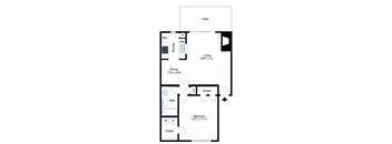 A floor plan of a home with a living room, dining room, kitchen, bathroom, and bedroom.
