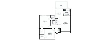 A black and white image of a house floor plan with a patio.