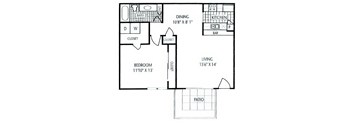A floor plan of a house with a bedroom, living room, kitchen, and bathroom.
