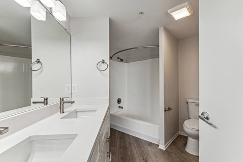 a bathroom with a large mirror and a sink and a toilet