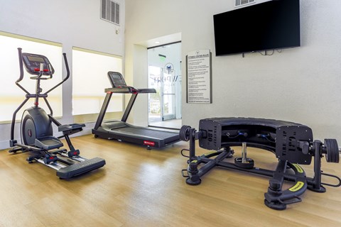 a gym with exercise equipment and a tv on the wall