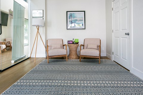 a living room with two chairs and a rug on the floor