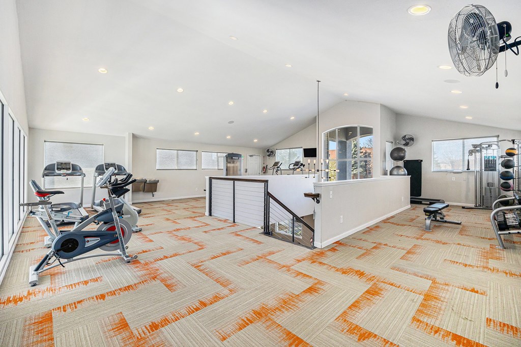 A gym with orange carpeting and exercise equipment.