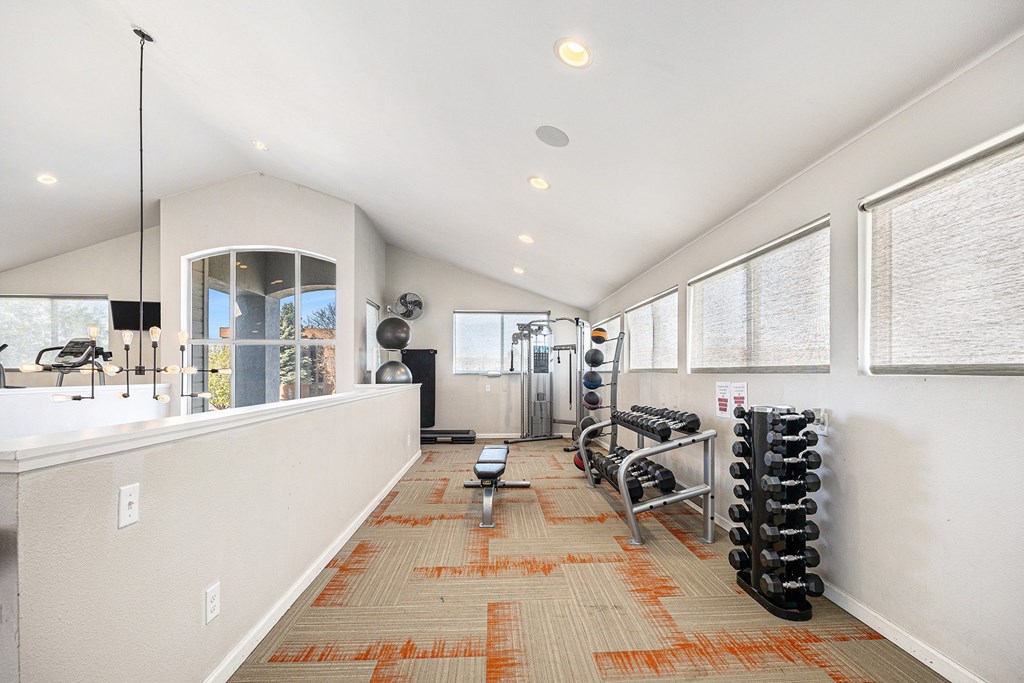 A gym with a row of dumbbells on the right.