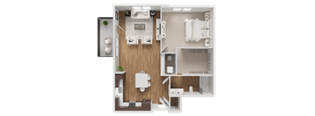 A top-down view of a small apartment layout with a kitchen, living room, and bathroom.