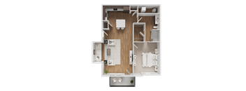 A top-down view of a house layout with a kitchen, living room, and bathroom.