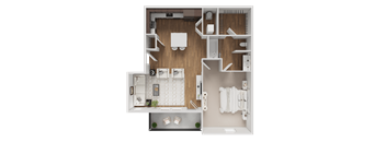 A top-down view of a small apartment layout with a kitchen, living room, and bathroom.