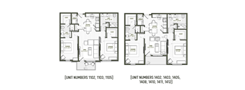 A floor plan of an apartment complex with two different unit layouts.