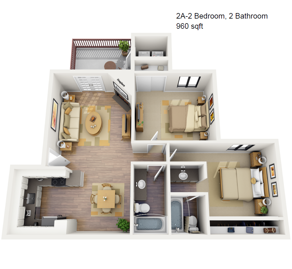 2 Bed 2 Bath 960 Sq. Ft.